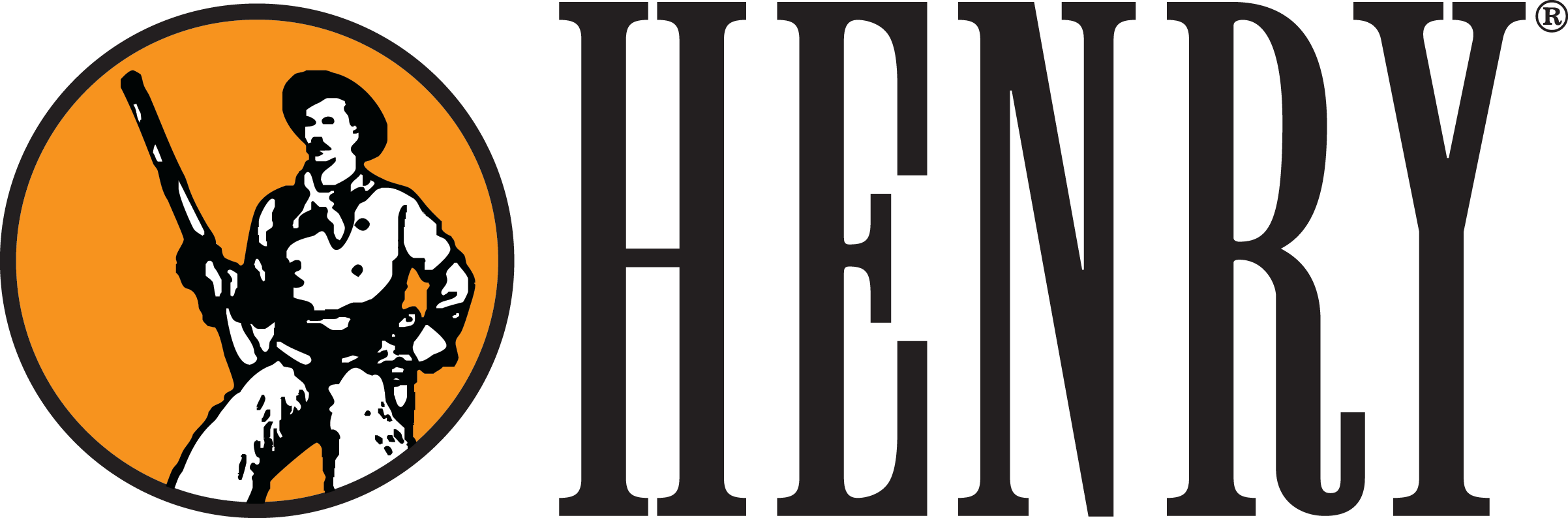 Henry Logo with a man standing in the middle of orange circle, dressed like a cowboy holding a rifel.