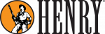 Henry Logo with a man standing in the middle of orange circle, dressed like a cowboy holding a rifel.